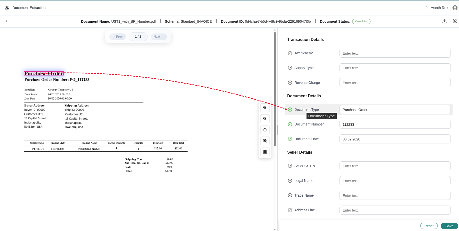 Document review UI and extraction dashboard
